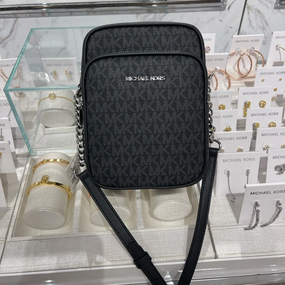 MICHAEL KORS Jet Set Trav Md Logo Crossbody Flight NS Black/Silver NWT Messenger